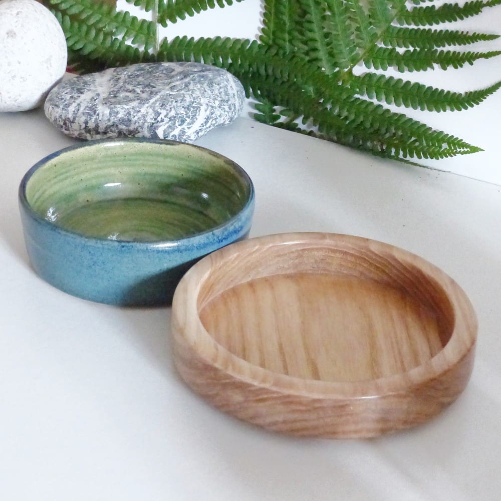 Ceramic Small Serving Dish and Turned Wood Trivet