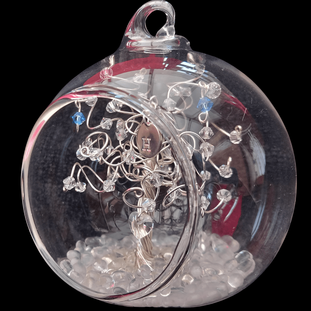 8cm glass open fronted glass bauble with a silver wire tree set into it. Clear and sapphire crystals are on the branches plus a silver disc initial charm.