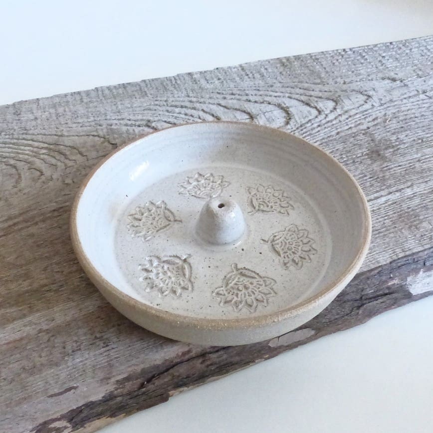 Ceramic Stoneware White Incense Holder with Lotus Design.