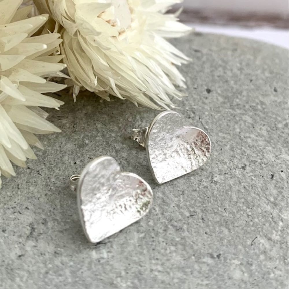 Textured Little Sterling Silver Heart Stud Earrings