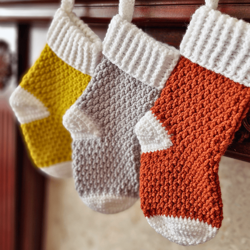 Mustard, Copper and silver Xmas crochet stockings