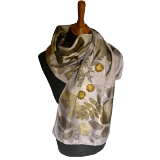 ash-grey-silk-scarf-botanically-printed-leaves-flowers-marian-may-textile-art-