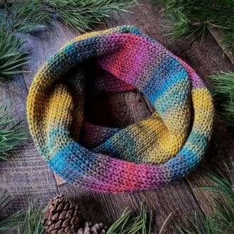 Autumn rainbow knitted infinity loop scarf