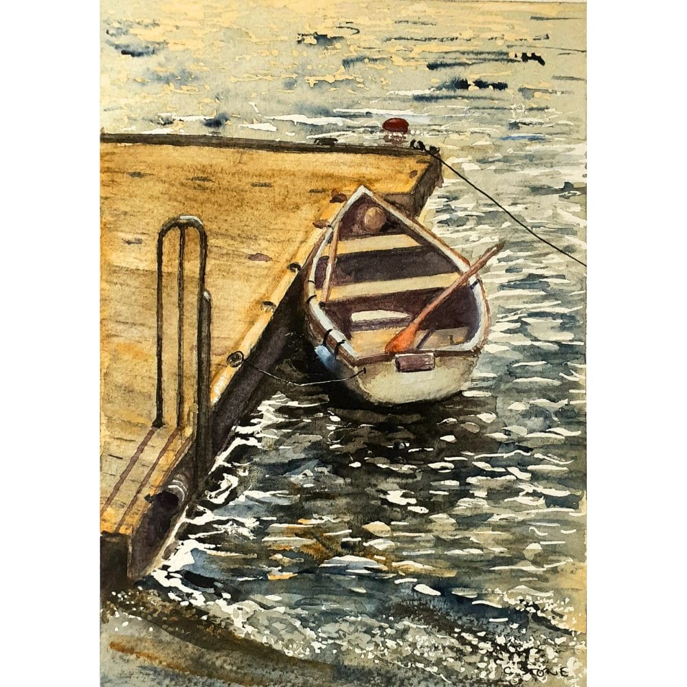 watercolour painying boat on a cornish lake