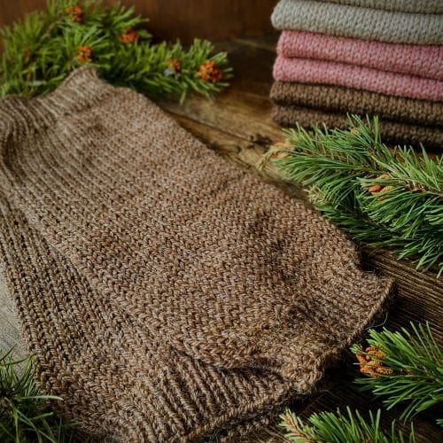 Soft brown knitted slouchy leg warmers in pure alpaca yarn