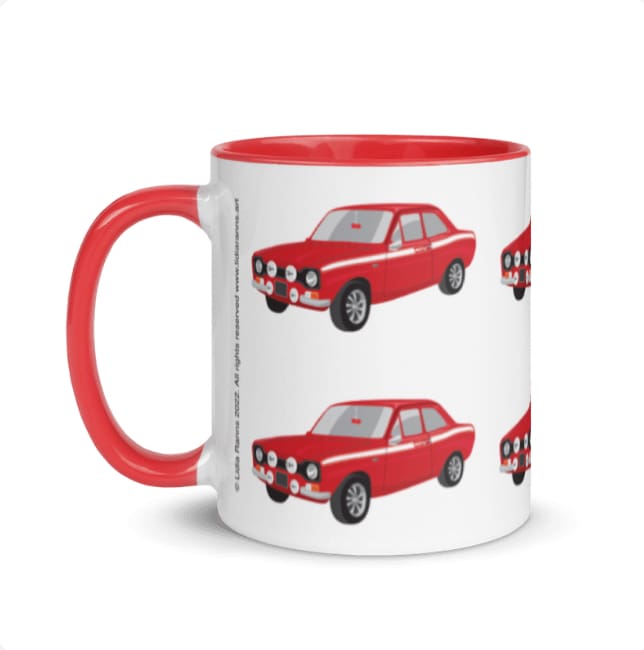 white mug with a red handle and red inside mug with an illustration of a classic ford escort Mk 1