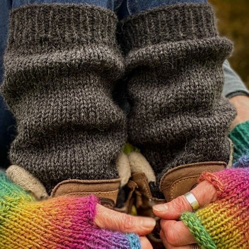 Dark grey hand knit slouchy leg warmers in pure alpaca yarn