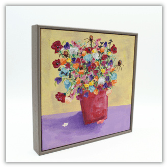 Original framed painting of a pot of colourful flowers.