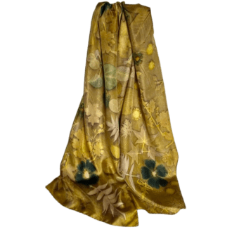 golden-chartreuse-silk-twill-scarf-botanically-printed-leaves-flowers-marian-may-textile-art
