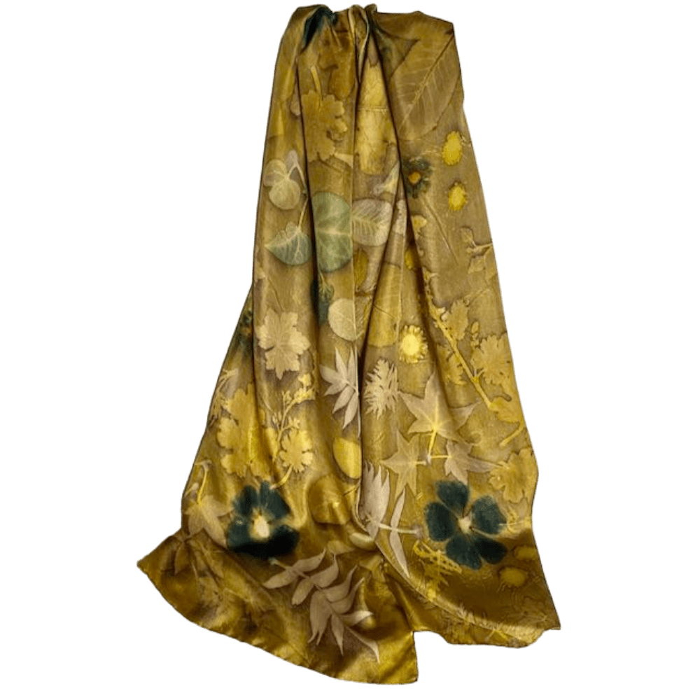 golden-chartreuse-silk-twill-scarf-botanically-printed-leaves-flowers-marian-may-textile-art