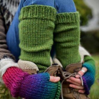 Hand knitted slouchy and cosy leg warmers in a bright ripe olive pure alpaca yarn