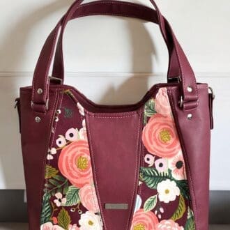 burgundy faux leather and floral canvas handbag for women