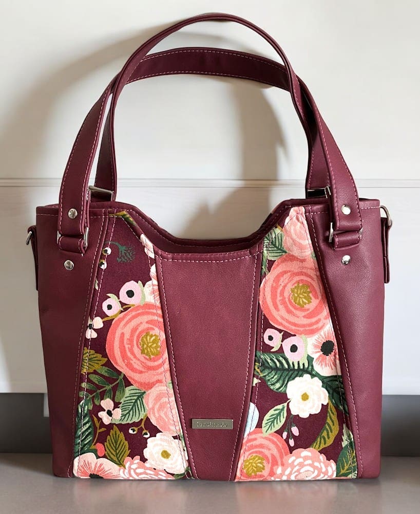 burgundy faux leather and floral canvas handbag for women