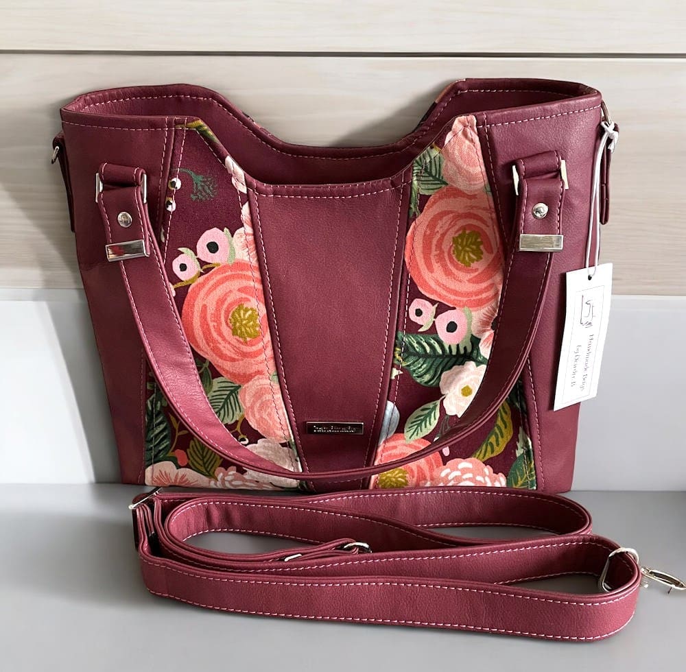 Ladies Handbag Burgundy faux leather with Canvas Accents additional crossbody strap The British Craft House