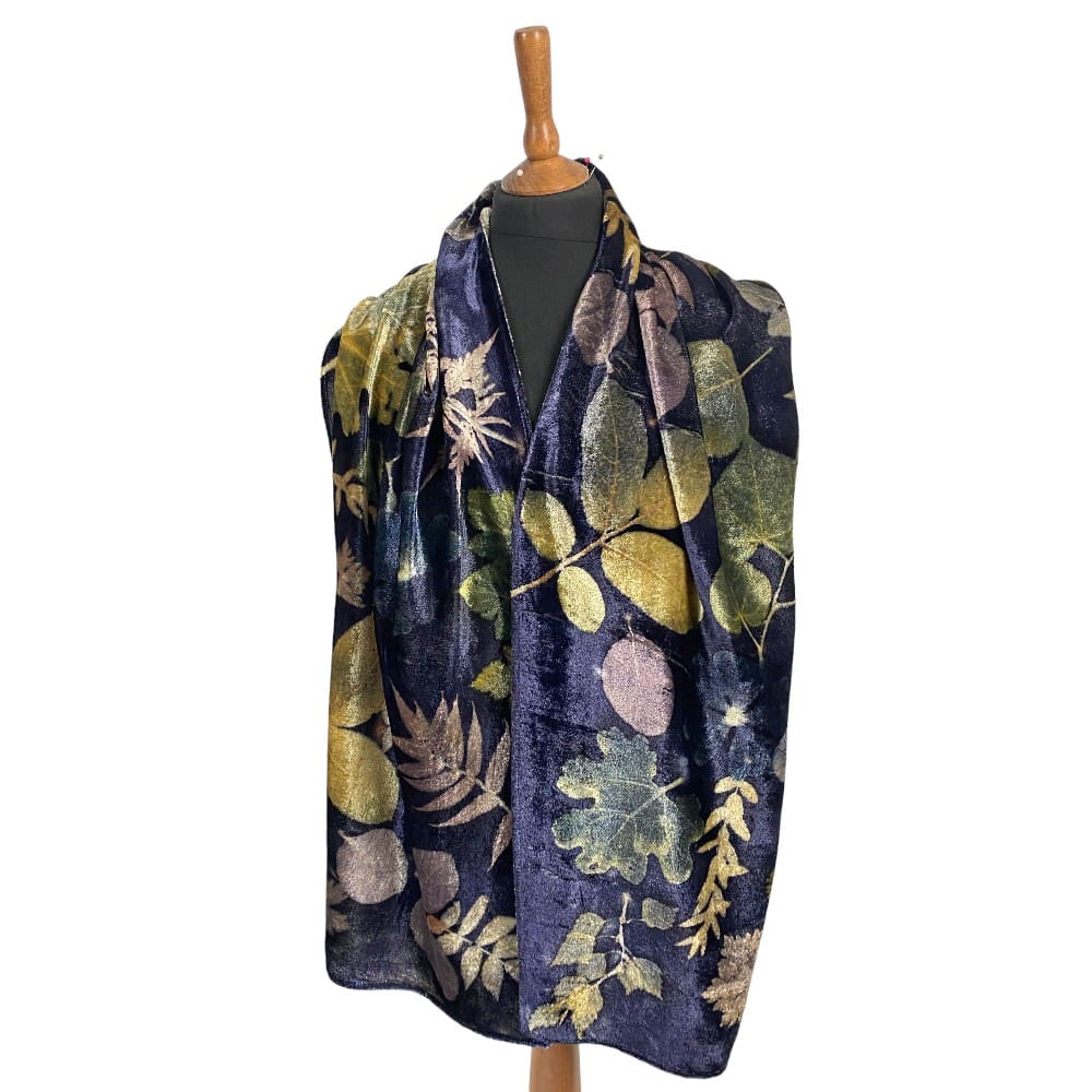 midnight-garden-silk-velvet-scarf-dark-blue-botanically-printed-leaves-marian-may-textile-art