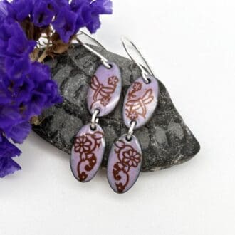 pink patterned enamel oval drop dangle earrings on silver ear wires