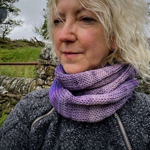 Purple rainbow knitted loop scarf