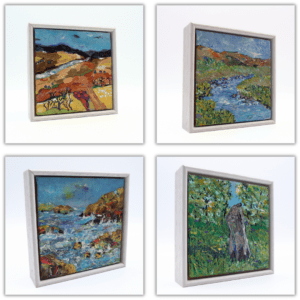 A set of four small, framed paintings