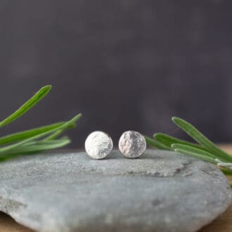 silver round stud earrings with hammered texture