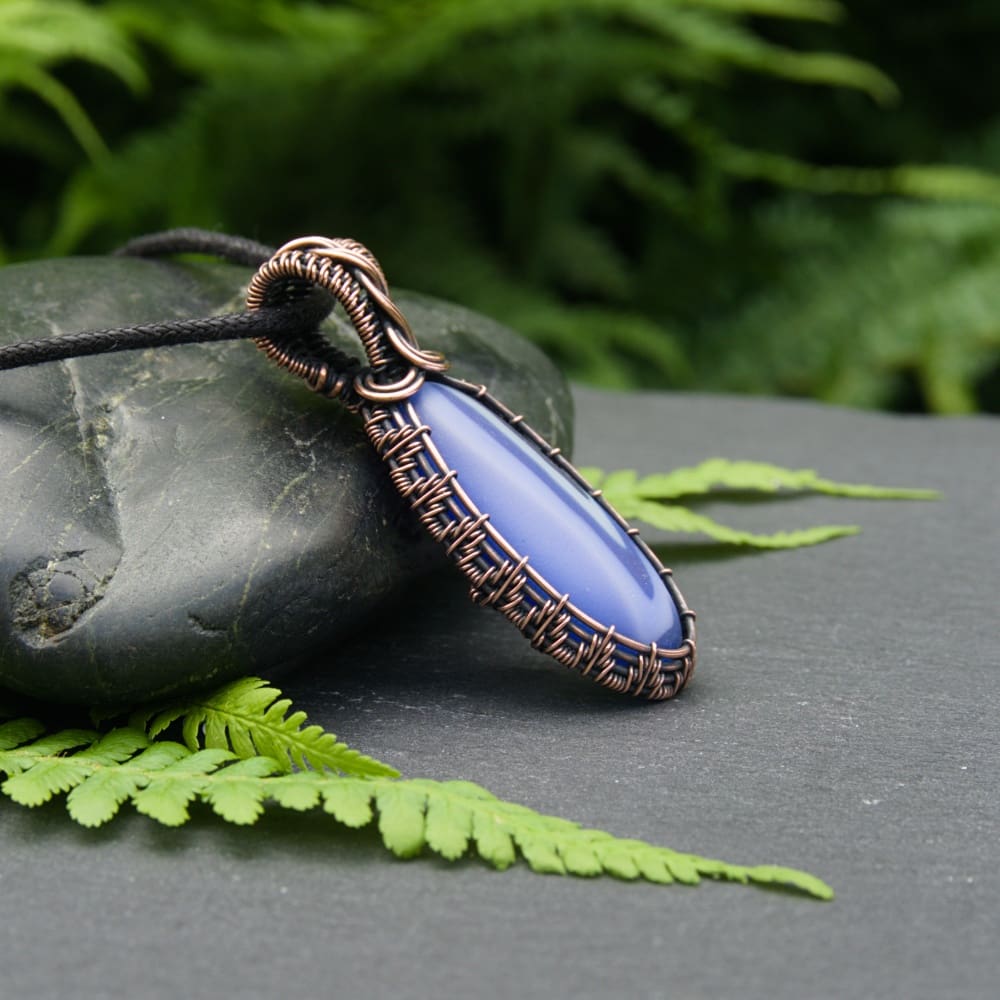 Wire weave copper necklace with blue glass pebble by Oruki Design