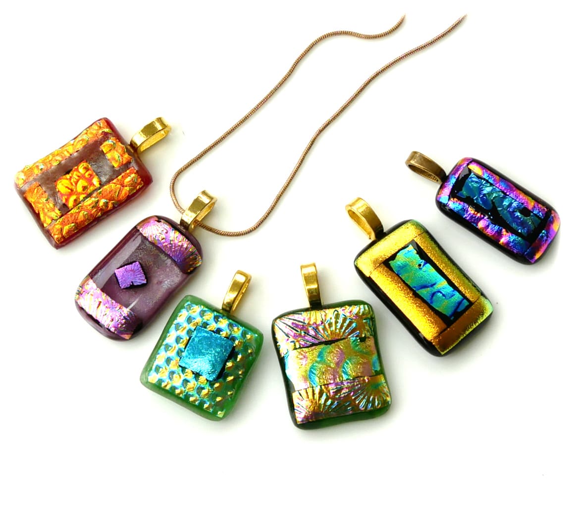 Dichroic glass fused pendants gold silver chain OOAK handmade