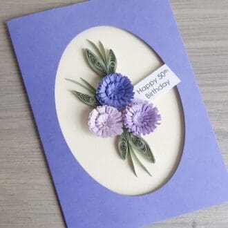 Handmade 50th birthday card with lilac quilled flowers