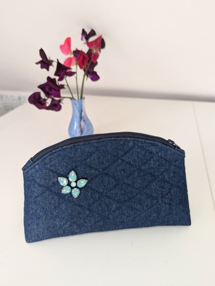 Small blue make up bag, quilted using upcycled denim