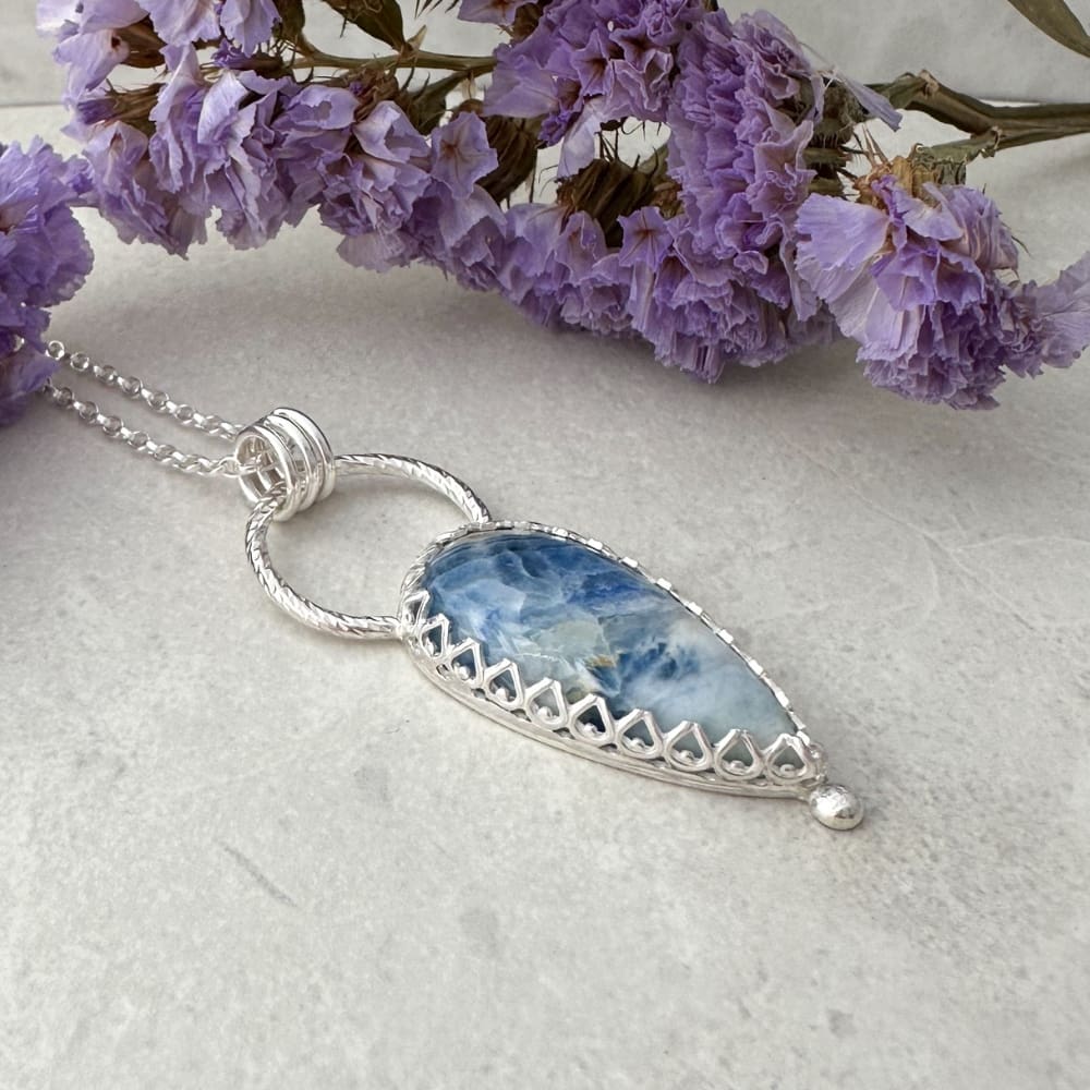 Blue scheelite gemstone necklace handmade in sterling silver