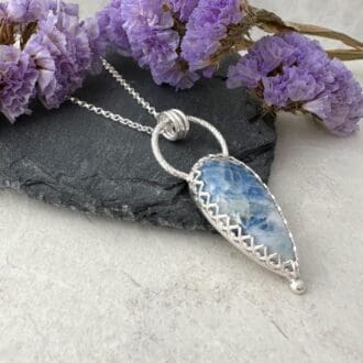 Blue scheelite gemstone necklace handmade in sterling silver