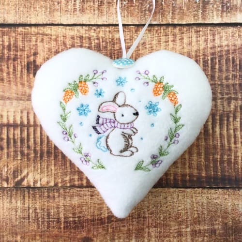 Christmas Embroidered Winter Wonderland Bunny Hanging Heart Decoration