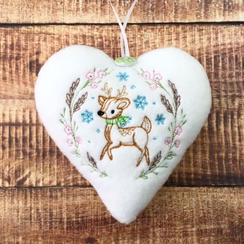 Christmas Embroidered Winter Wonderland Fawn Hanging Heart Decoration