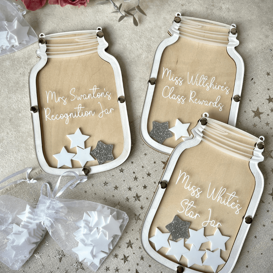 teachers reward jar for classroom with white star tokens and personalised with the teachers name