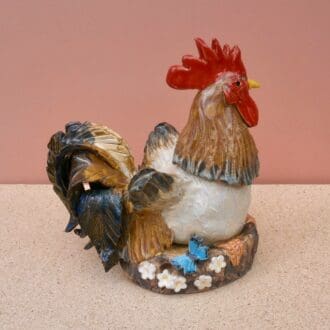 "Cockerel-ceramic-sculpture-with-butterfly"