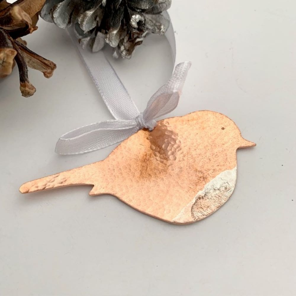 Copper and Sterling Silver Hammered Robin Tree Decoration