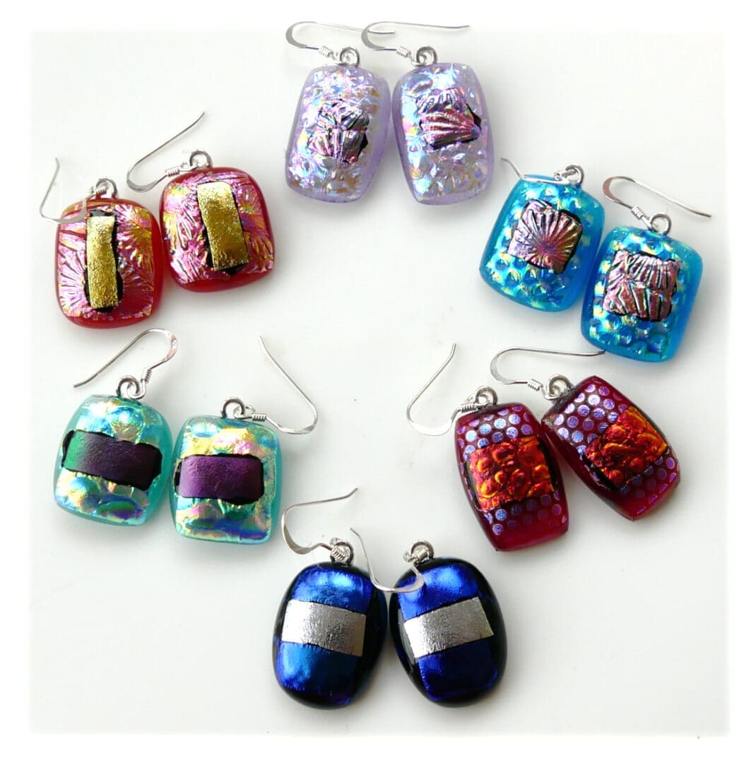 Earrings dichroic fused glass silver hooks set 1 handmade