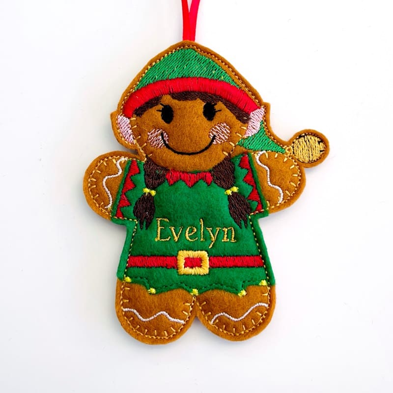 Elf Gingerbread Christmas Hanging Decorations Personalised Closeup Girl