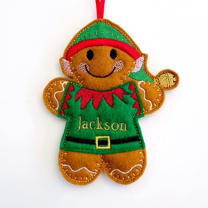 Elf Gingerbread Christmas Hanging Decorations Personalised Closeup Boy