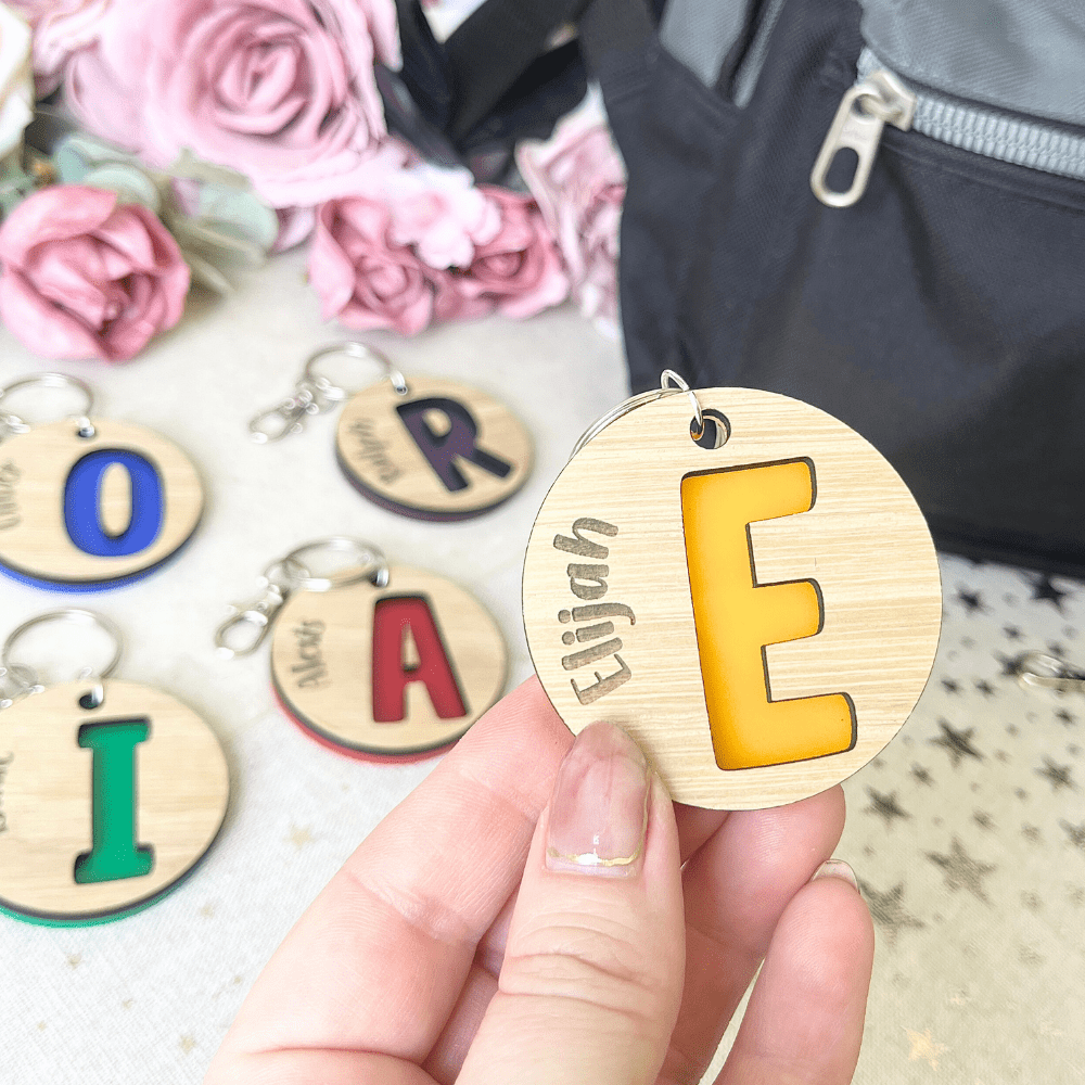 engraved wooden initial keyring tag