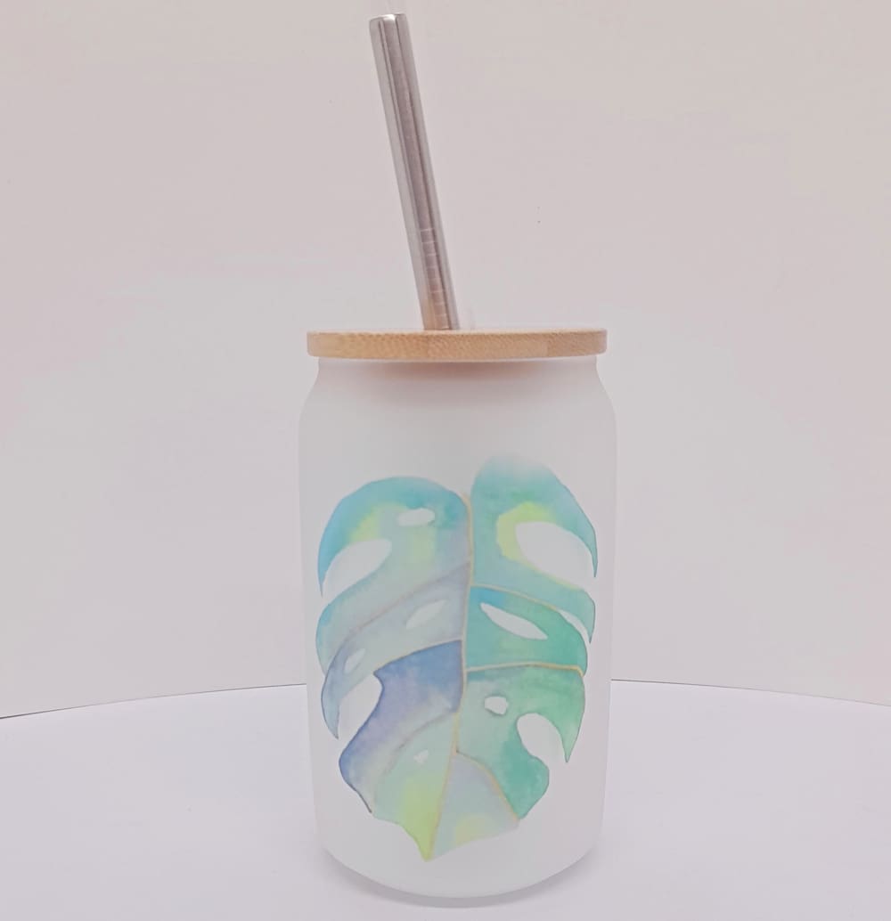 Frosted Glass Tumbler featuring Monstera Leaf artwork