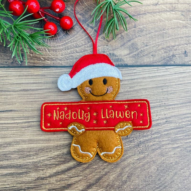 Gingerbread Holding Merry Christmas Banner Hanging Decoration Welsh