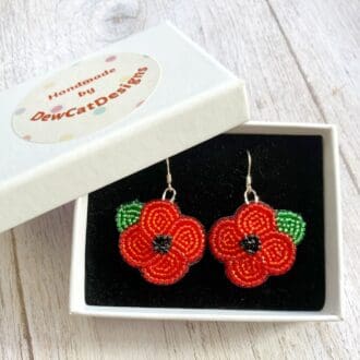 hand beaded red poppy earrings displayed in gift box by DewCatDesigns