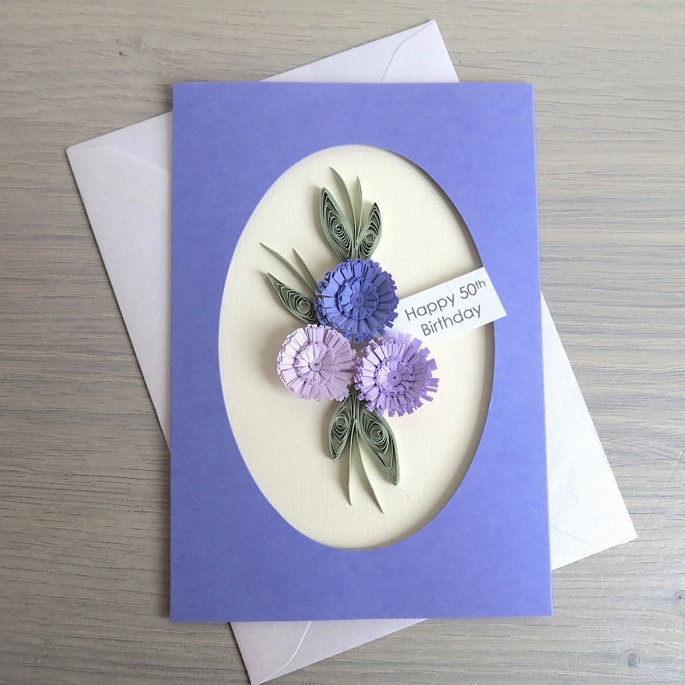 Handmade 50th birthday card with lilac quilled flowers