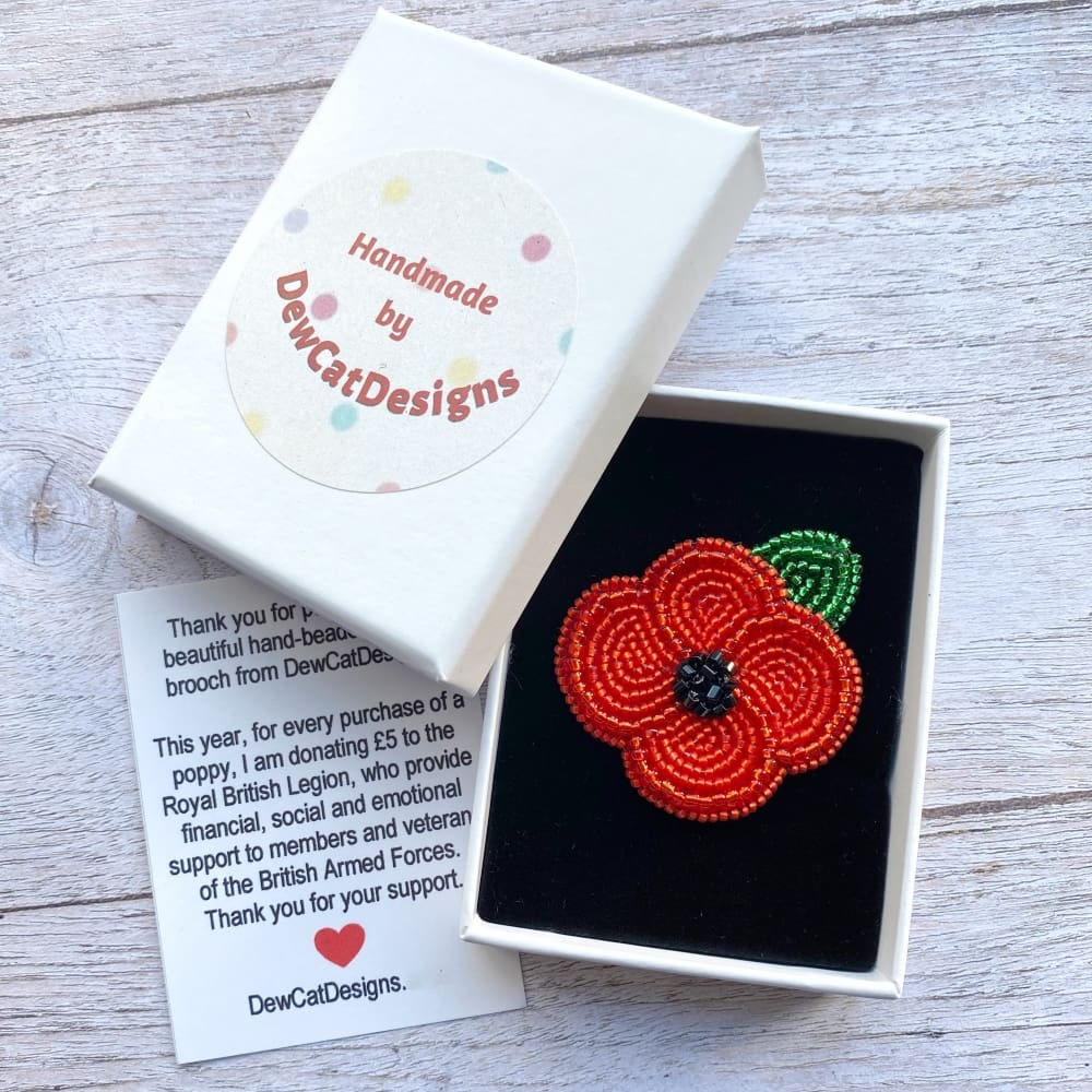 hand beaded red poppy pin, remembrance brooch, DewCatDesigns