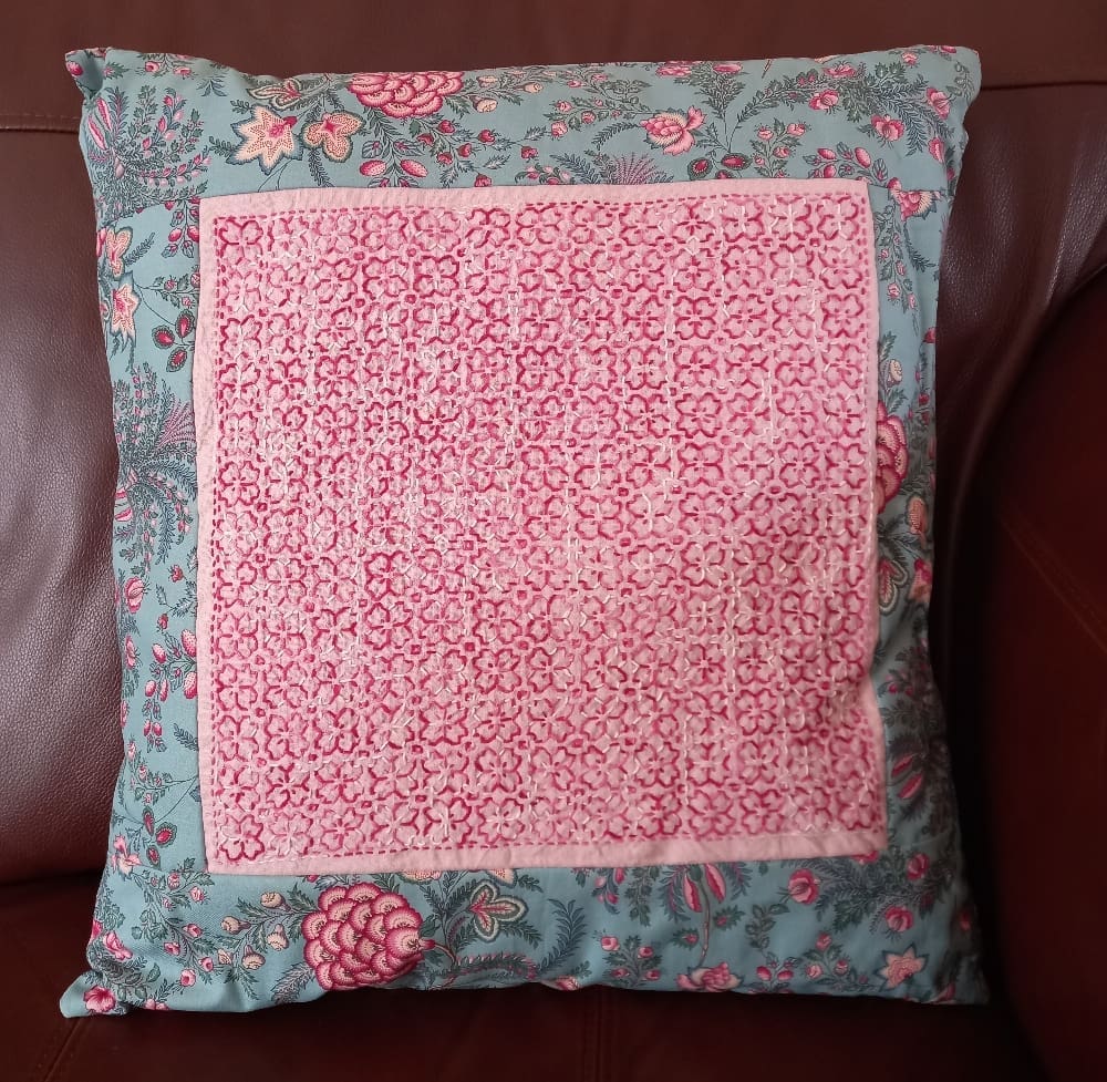 Pink and blue sashiko embroidered cushion