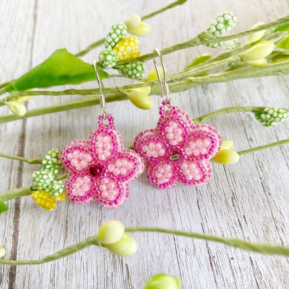 Pink flower blossom earrings with sterling silver earring hooks, hand beaded by DewCatDesigns