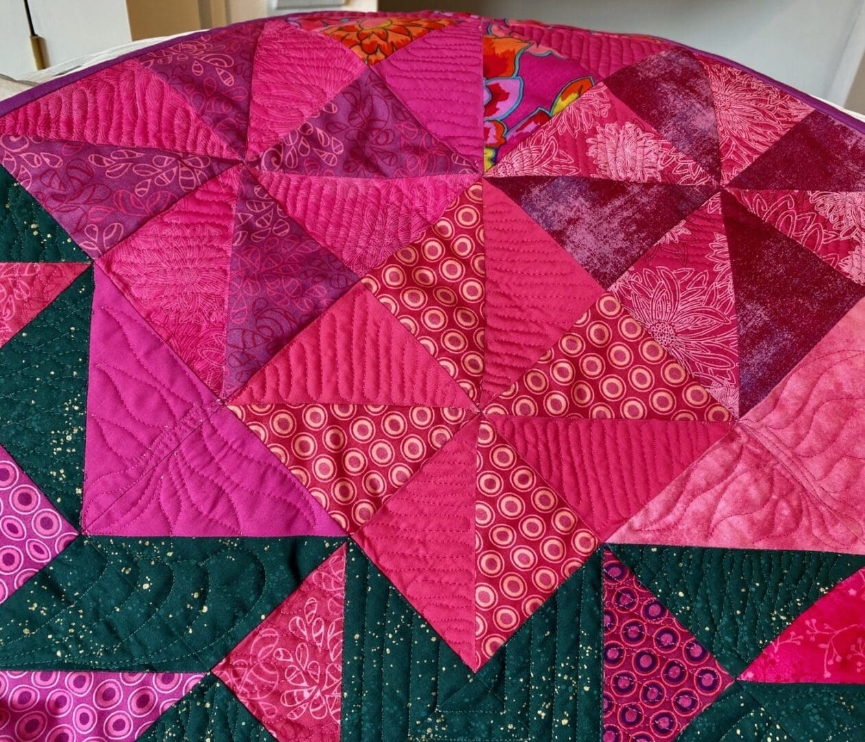 Pink green baby quilt detail