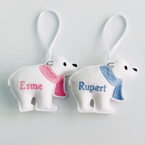 Polar Bear With Scarf Hanging Decoration Personalised Gift Esme Rupert