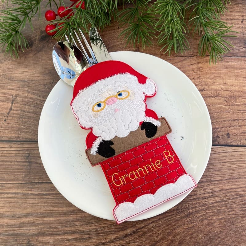 Santa in Chimney Felt Cutlery Holders Personalised Gift On Plate