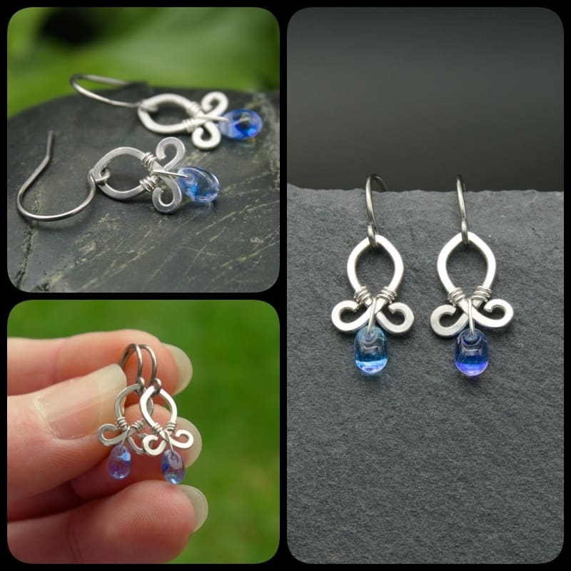 Collage of small sterling silver drop earrings with blue beads by Oruki Design