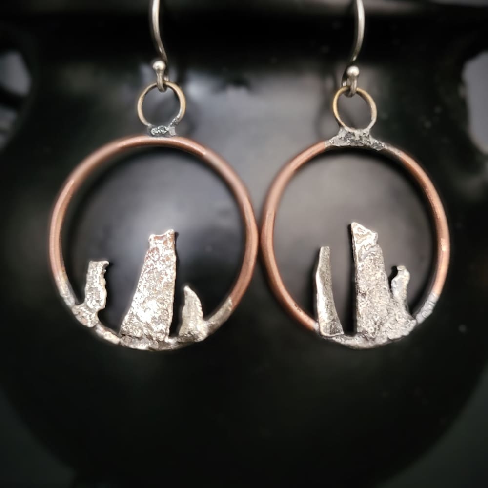 Copper Hoops with 3 sterling silver standing stones and sterling silver ear hooks.